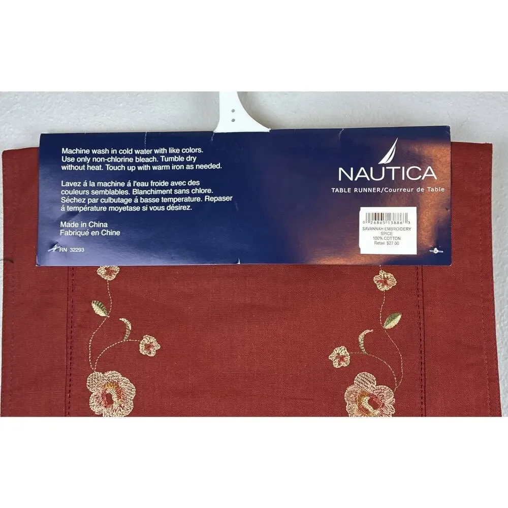 Nautica 70” Embroidered Savannah Spice 100% Ctn Floral Burgandy Table Runner